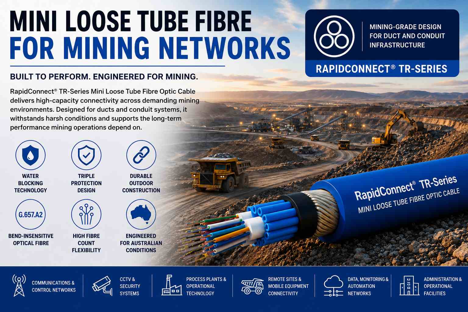 Mini Loose Tube Fibre for Mining Networks showing RapidConnect TR-Series cable in an Australian open-cut mining environment