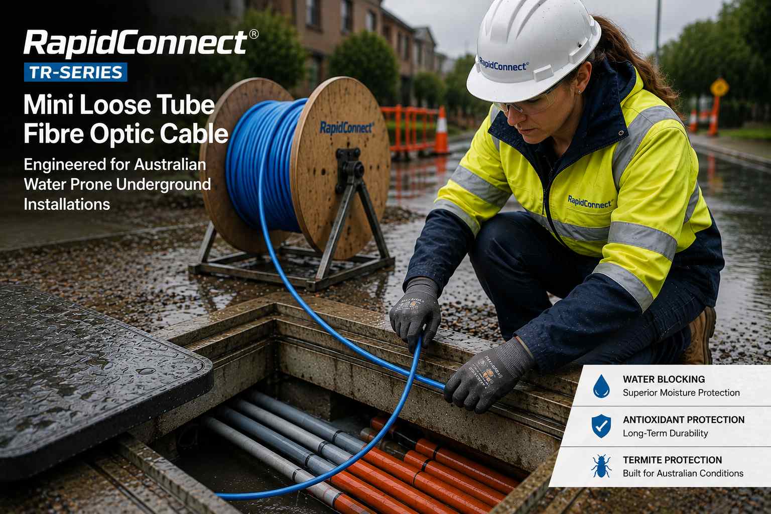 Installing Mini Loose Tube Fibre in Water Prone underground conduit with RapidConnect TR-Series cable and water-blocking protection.