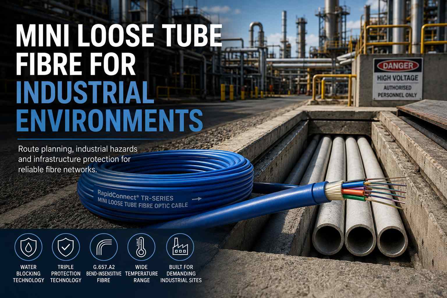 Mini Loose Tube Fibre for Industrial Environments showing RapidConnect TR-Series fibre optic cable in industrial duct infrastructure