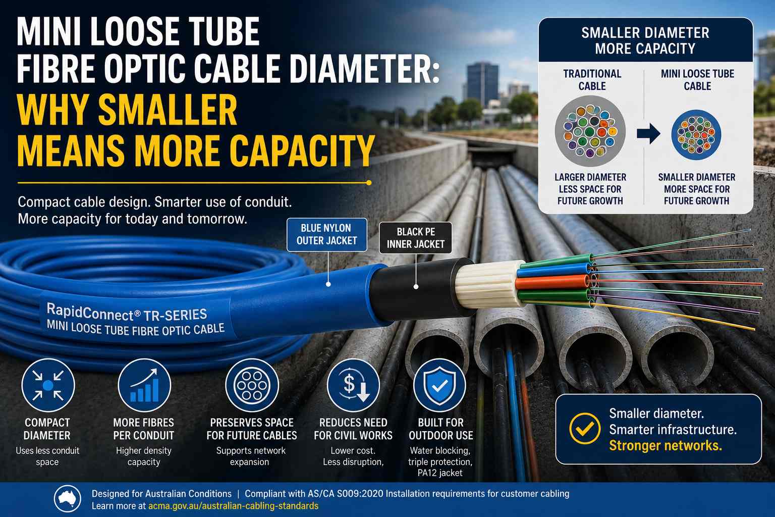 Mini Loose Tube Fibre Optic Cable Diameter showing compact RapidConnect TR-Series cable and efficient conduit capacity